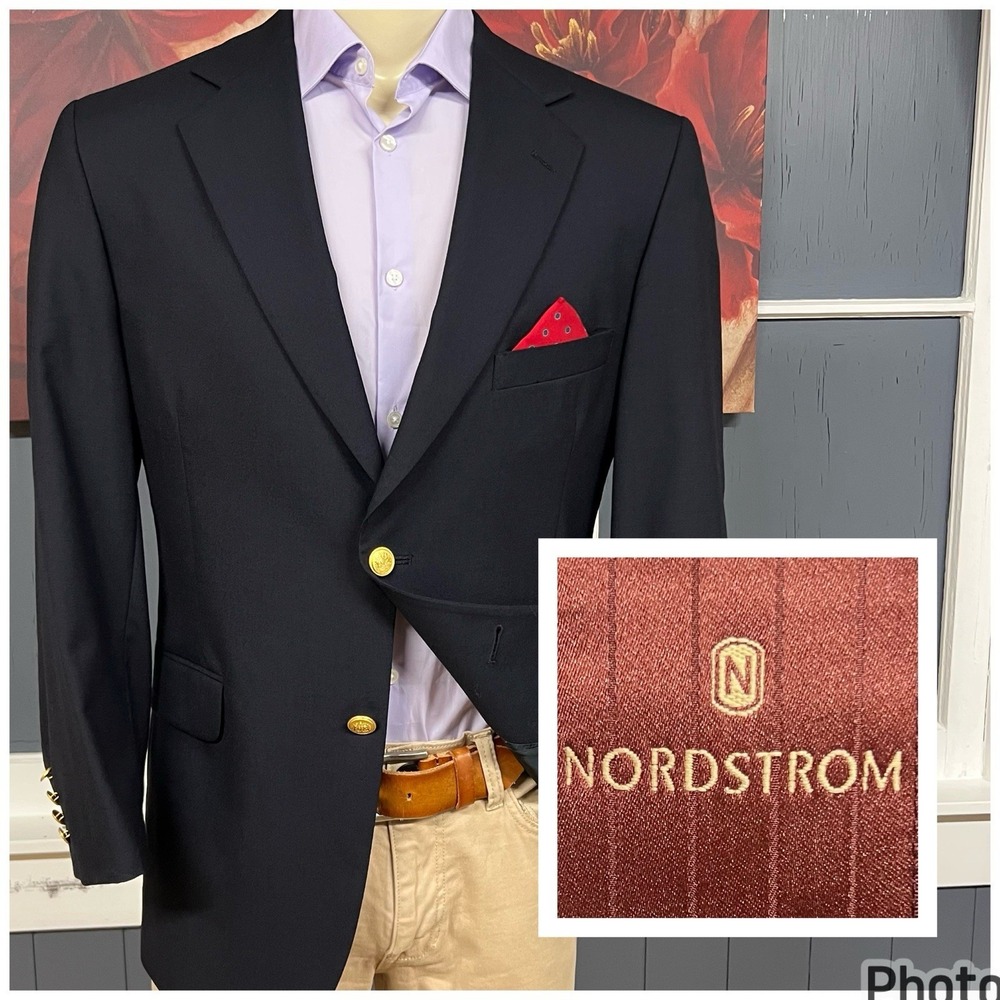 Vintage Nordstrom (*Altered) Blazer Golden Buttons Jacket Mens 40R Wool Navy